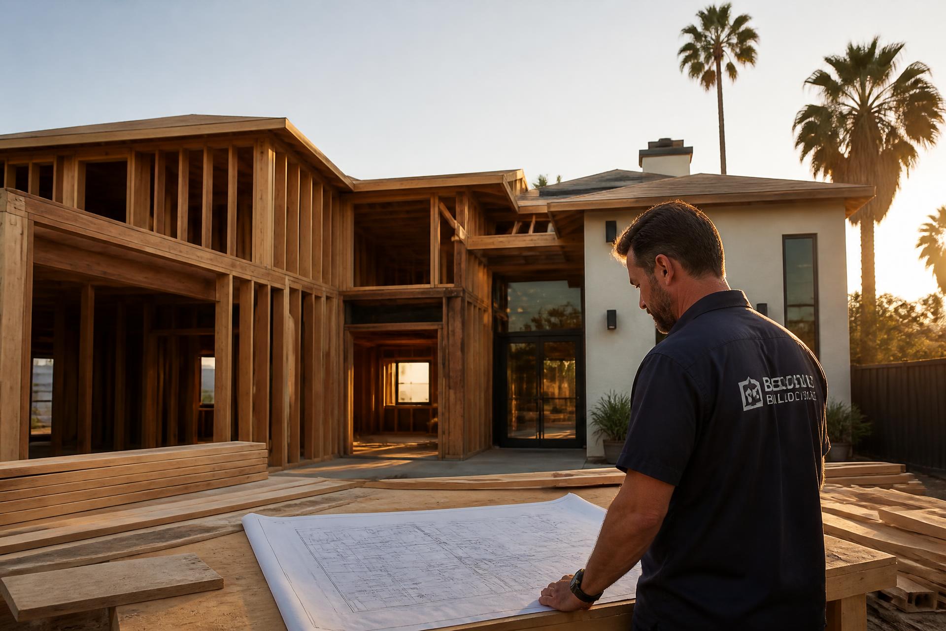 Bert Leyde reviewing plans at an Orange County home under construction